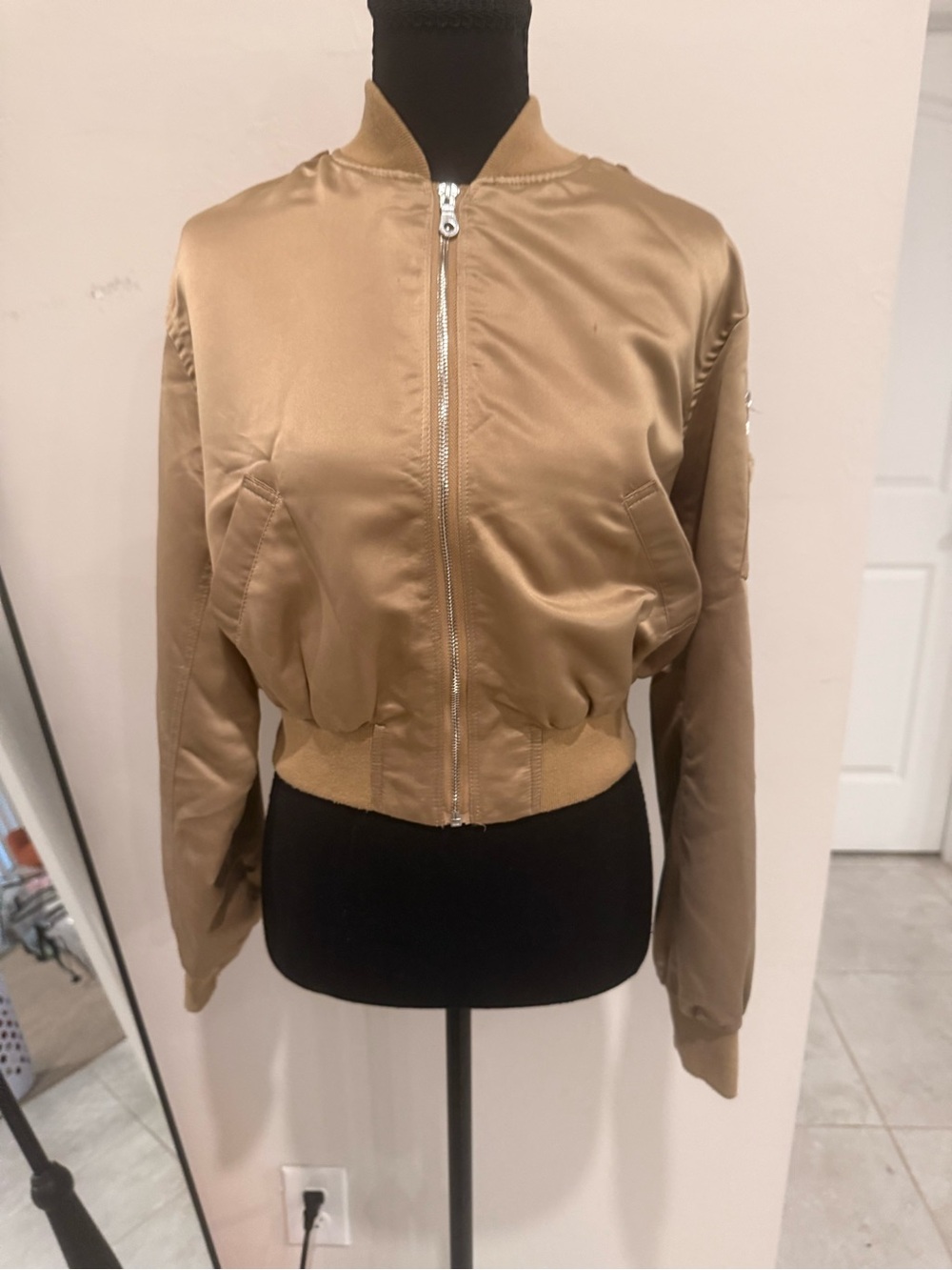 Bershka Cropped Bomber Jacket in Light Brown